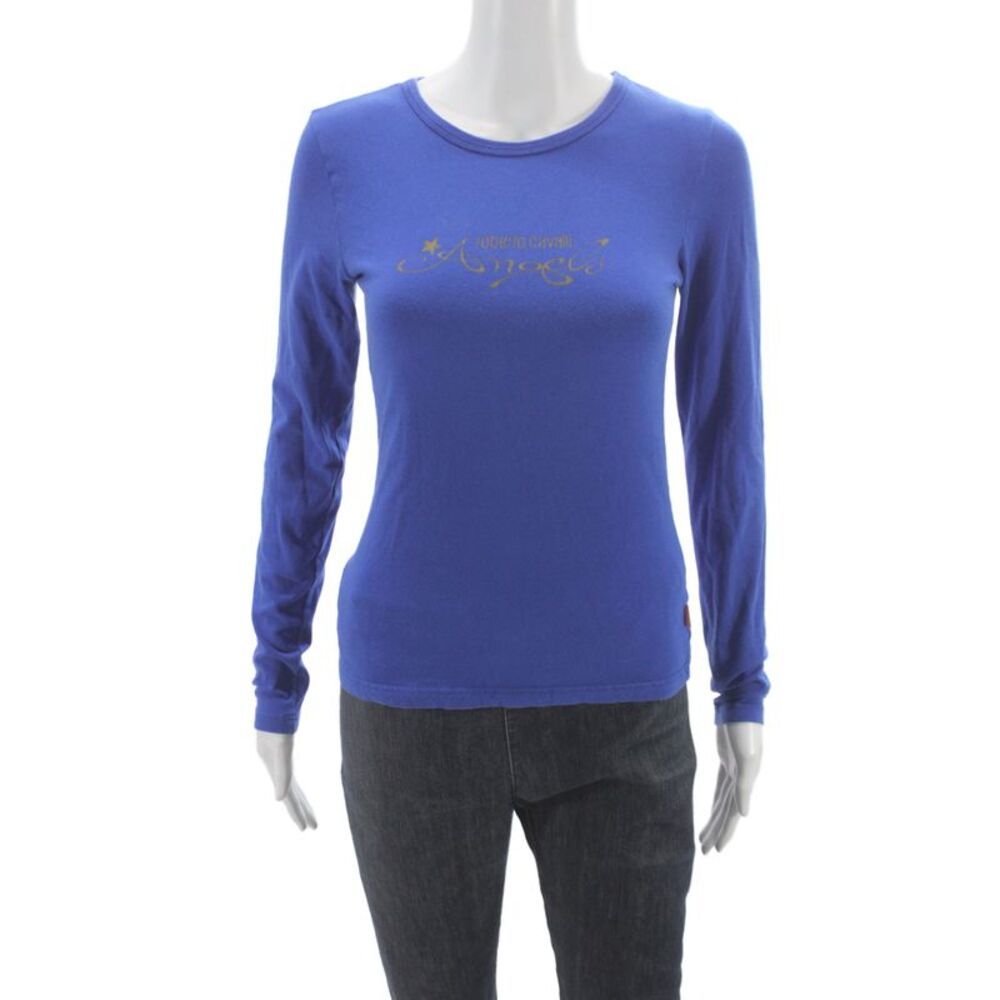 Roberto Cavalli Women Blue Jersey T-Shirt Crew Neck Long Sleeve Size S